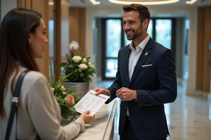 Concierge d'hôtel remettant un programme de repas à une cliente à la réception, illustrant l'accueil et les services inclus dans une formule pension complète LPD
