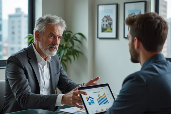 Agent d'assurance conseillant un jeune propriétaire sur les options d'assurance immobilière dans une agence moderne