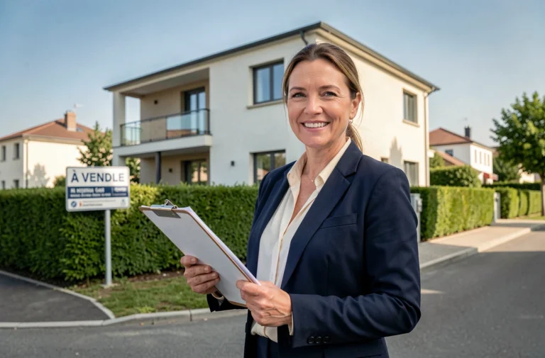 Agent immobilière professionnelle devant une maison à vendre dans un quartier résidentiel moderne