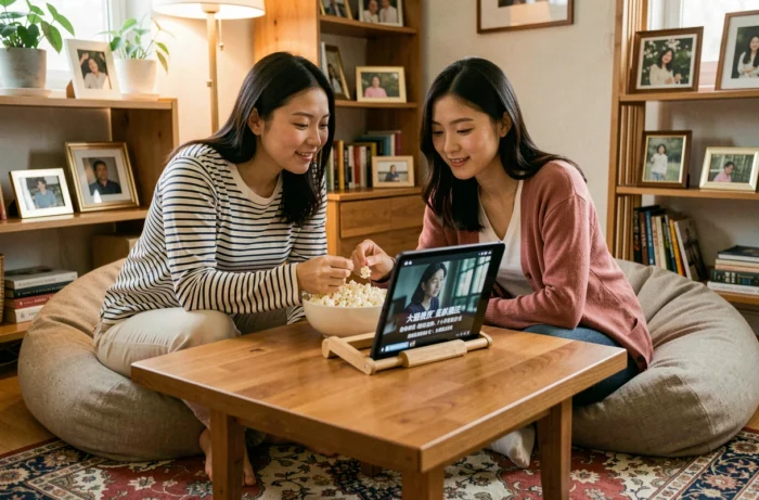 Due amiche che guardano un drama cinese in streaming legale e gratuito su tablet nel loro appartamento