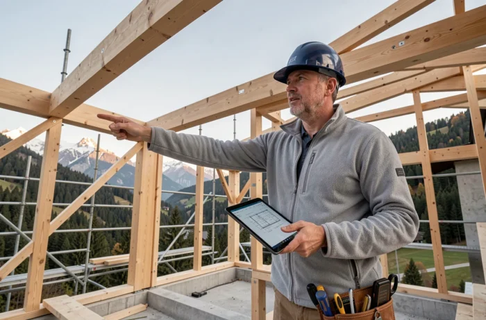 Architecte inspectant la structure d'une maison en construction en Suisse