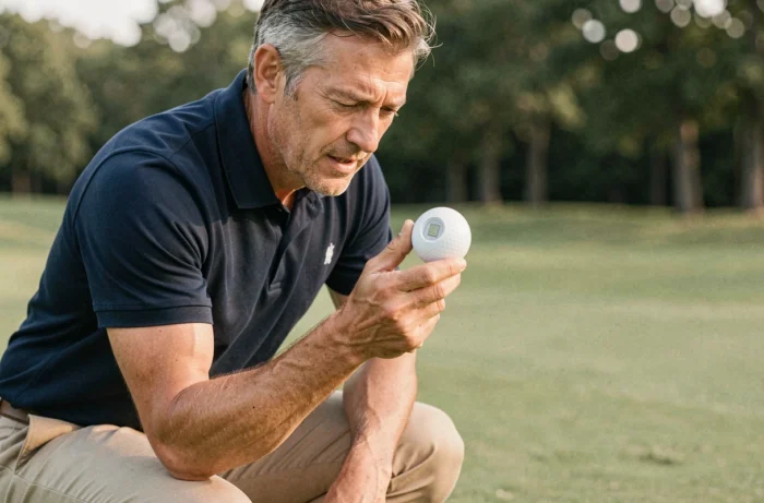 Golfeur inspectant une balle de golf connectée avec puce GPS intégrée sur le fairway
