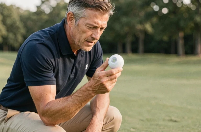 Golfeur inspectant une balle de golf connectée avec puce GPS intégrée sur le fairway