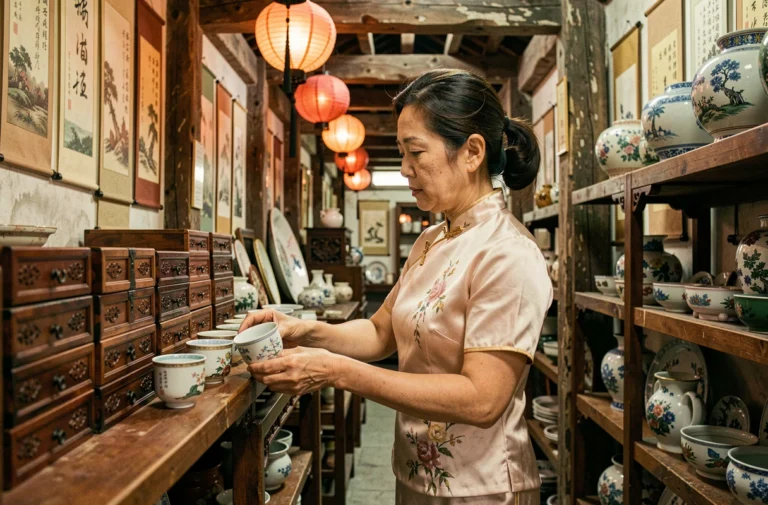 Femme en qipao arrangeant des porcelaines dans une boutique d'antiquités du quartier de Liwan à Guangzhou