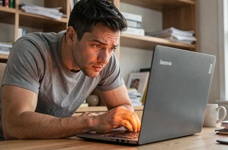 Homme perplexe face au bouton power clignotant de son PC portable Lenovo sur un bureau à domicile