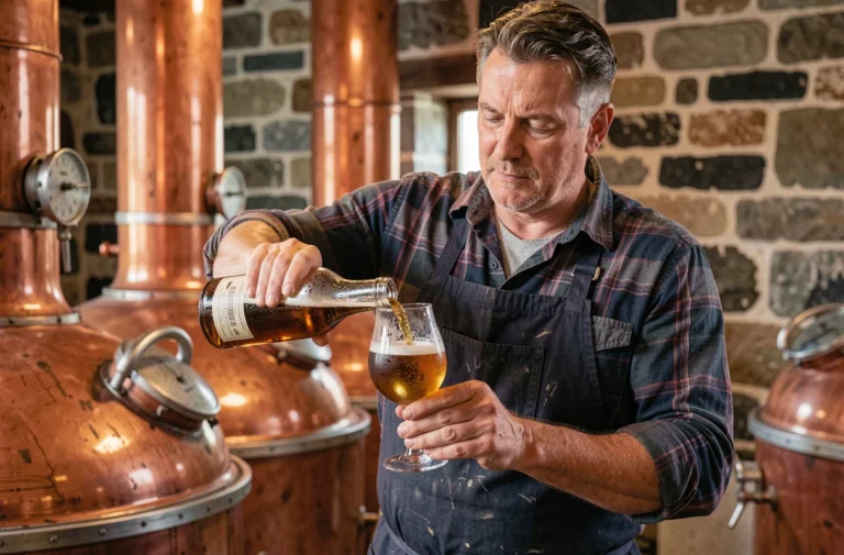 Brasseur breton versant une bière artisanale ambrée dans une brasserie en pierre traditionnelle