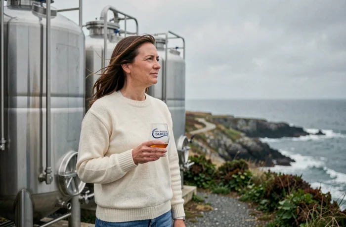 Brasseuse bretonne devant des cuves de fermentation avec vue sur le littoral atlantique