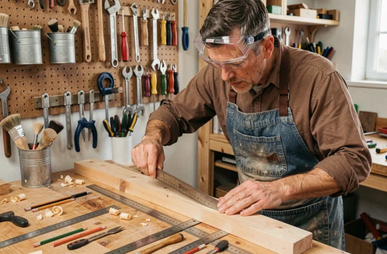 Homme bricoleur en tablier denim mesurant une planche en bois dans un atelier home-made bien organisé