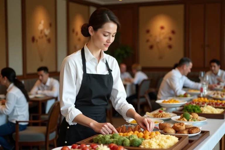 Employée d'hôtel en uniforme blanc préparant un buffet de petit-déjeuner complet dans une salle à manger élégante, illustration de la pension complète LPD en hôtellerie