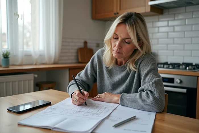 Femme calculant la conversion gaz m3 en kWh avec une facture et une calculatrice sur table de cuisine