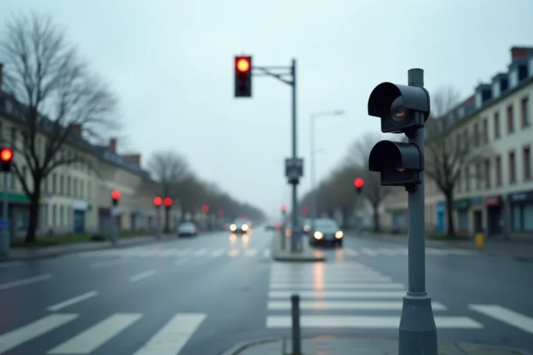 Caméra de surveillance et radar installés sur un feu rouge en milieu urbain en France