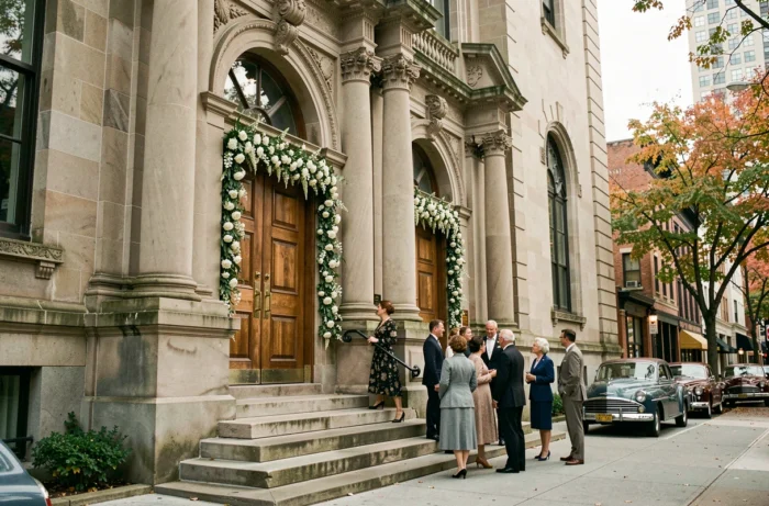 Façade d'un bâtiment historique décoré pour un mariage avec invités en tenue formelle des années 1960, ambiance documentaire