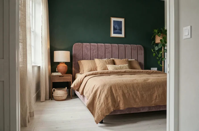 Chambre scandinave moderne décorée avec les couleurs tendances 2025 : mauve, vert forêt, sable et terracotta