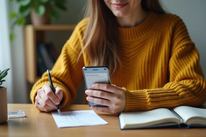 Jeune femme effectuant un changement de nom sur un billet Ryanair depuis son application mobile à domicile