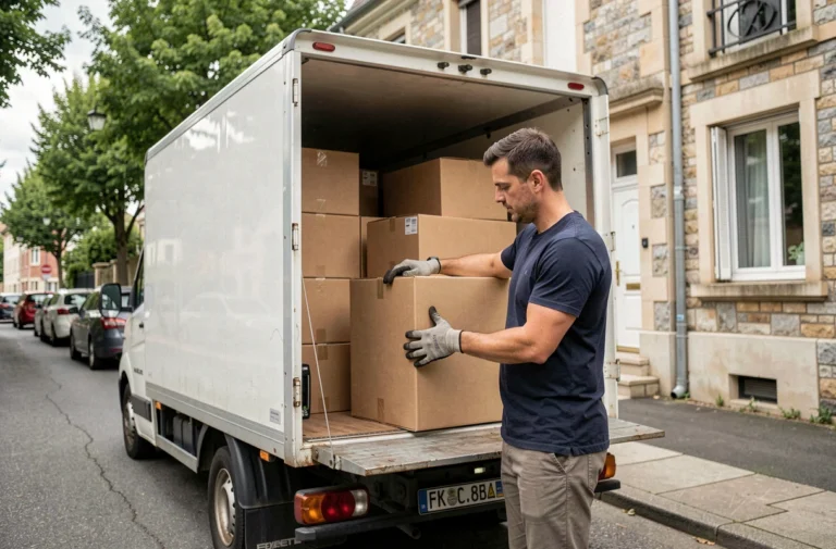 Homme chargeant des cartons dans un camion de déménagement blanc devant un immeuble résidentiel français