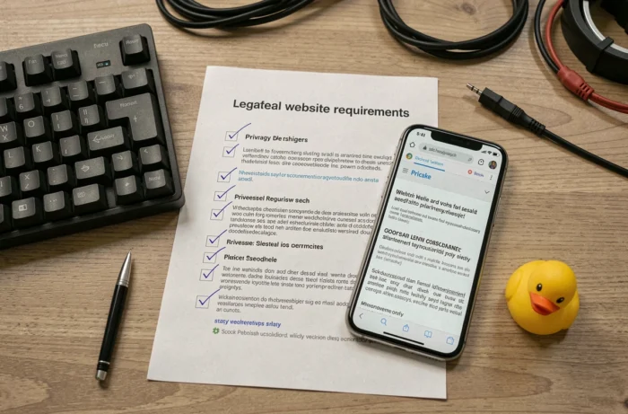 Vue aérienne d'un bureau geek avec une checklist des mentions légales obligatoires pour un site web