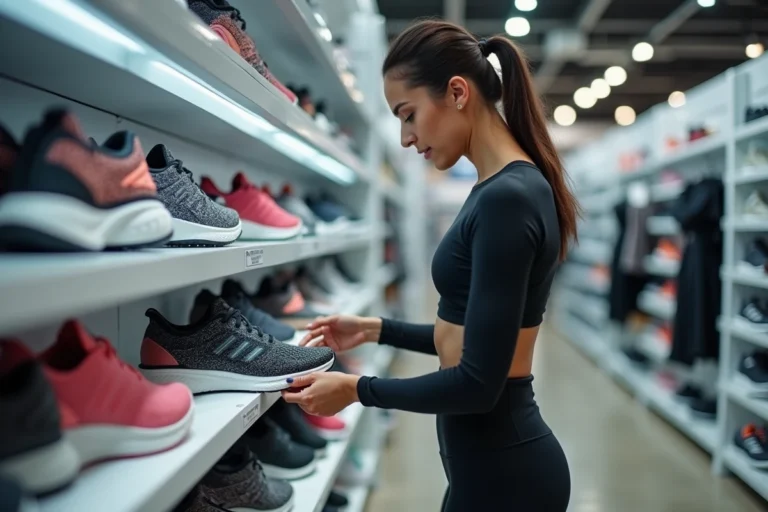 Femme choisissant des chaussures de sport dans un magasin d'équipement sportif moderne