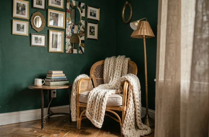 Angolo lettura accogliente con poltrona in rattan, plaid lavorato a maglia, muro verde scuro e oggetti decorativi originali in un interno caldo