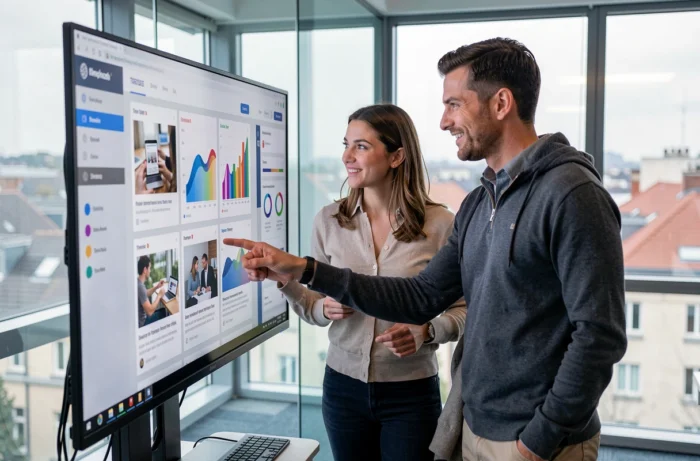 Two colleagues analyzing the latest digital trends together on a screen in a modern agency