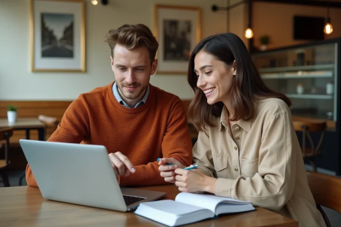 Deux collègues discutant de contenus éditoriaux et de tendances sur un ordinateur portable dans un café cosy
