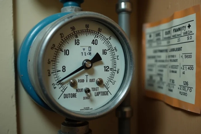 Gros plan d'un compteur de gaz analogique avec tableau de conversion m3 en kWh affiché à côté