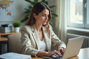 Femme effectuant sa connexion sur le portail Connect Ville de Marseille depuis un bureau administratif avec un ordinateur portable