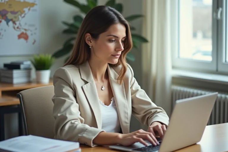 Femme effectuant sa connexion sur le portail Connect Ville de Marseille depuis un bureau administratif avec un ordinateur portable