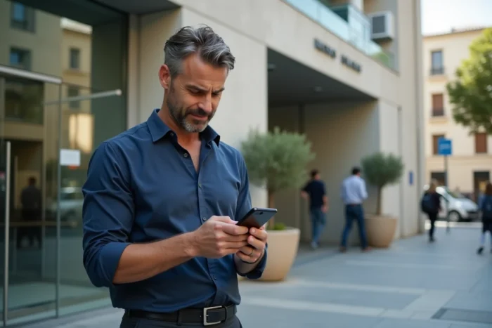 Homme consultant le portail Connect Ville de Marseille sur son smartphone devant l'entrée d'un bâtiment municipal