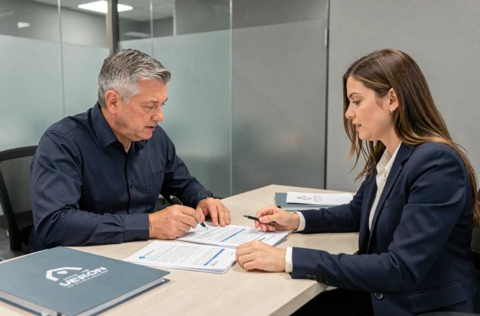 Homme et conseiller bancaire examinant ensemble le questionnaire santé pour une assurance emprunteur CNP