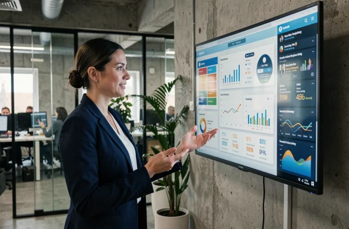 Consultante en agence web présentant des tableaux de bord d'analytique digitale pour booster la visibilité en ligne d'une marque