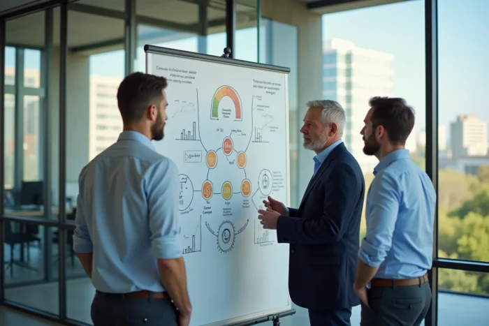 Consultants en énergie discutant des formules COP et des diagrammes d'efficacité énergétique devant un tableau blanc dans un bureau moderne