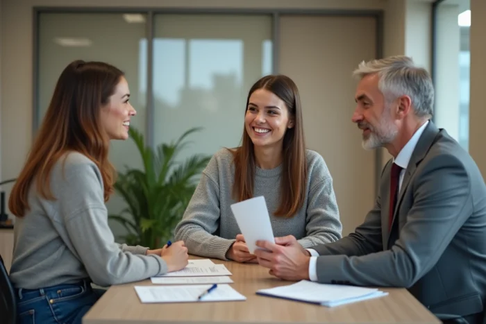 Couple en consultation avec un conseiller en assurance auto dans un bureau professionnel avec des documents sur le bureau