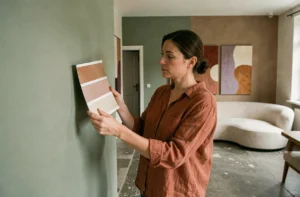 Designer d'intérieur comparant des échantillons de couleurs tendances 2025 contre un mur vert sauge dans un salon parisien rénové