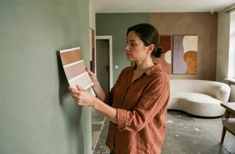Designer d'intérieur comparant des échantillons de couleurs tendances 2025 contre un mur vert sauge dans un salon parisien rénové
