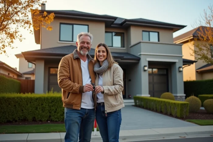 Couple souriant tenant les clés de leur nouvelle maison devant une propriété résidentielle avec panneau vendu