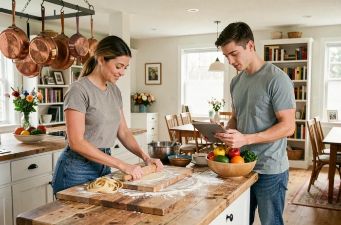 Young couple preparing homemade pasta together in a friendly open kitchen