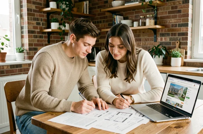 Young couple studying real estate plans and loan documents for the purchase of their first home
