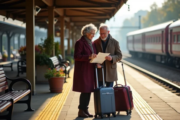 Un couple de retraités sur un quai de gare SNCF consulte leur pass Carmillon avant de voyager