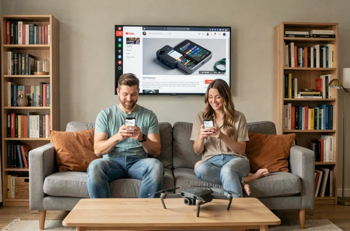 Couple discovering geek and high-tech resources on smartphones in a modern living room with a drone and smart TV
