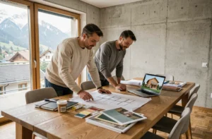 Couple suisse examinant des plans architecturaux pour un projet de construction de maison