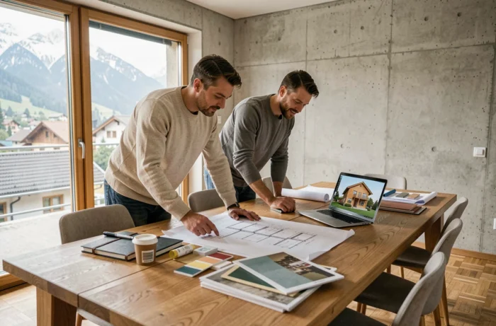 Couple suisse examinant des plans architecturaux pour un projet de construction de maison