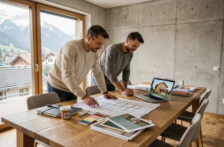 Couple suisse examinant des plans architecturaux pour un projet de construction de maison