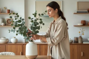 Femme arrangeant des branches d'eucalyptus dans un vase céramique minimaliste dans un salon scandinave épuré