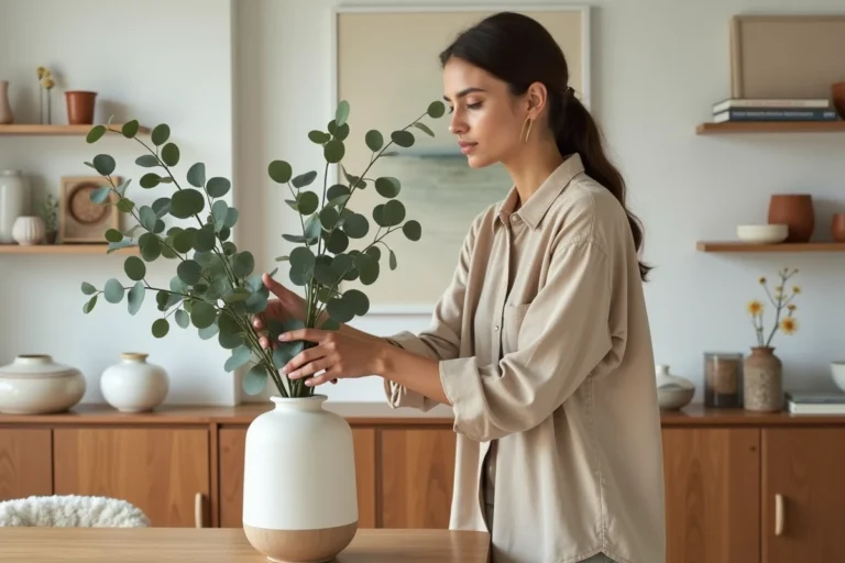 Femme arrangeant des branches d'eucalyptus dans un vase céramique minimaliste dans un salon scandinave épuré