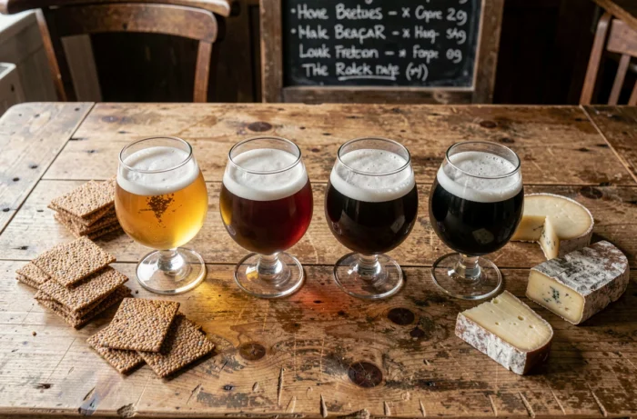 Dégustation de bières artisanales bretonnes variées avec des snacks locaux sur une table en bois rustique
