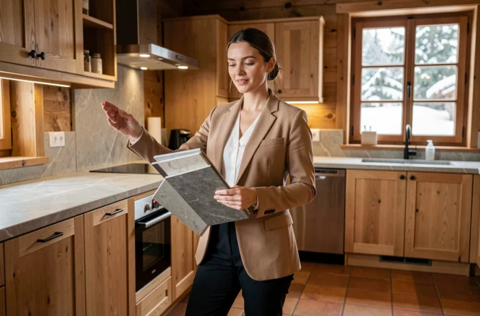 Designer d'intérieur présentant des matériaux pour la rénovation d'un chalet suisse