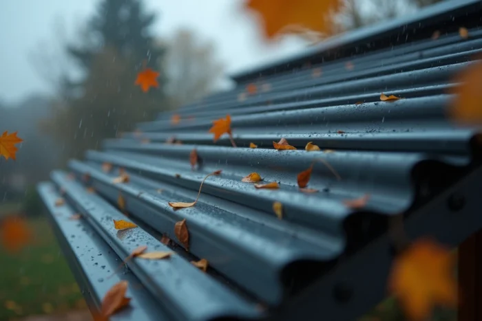 Close-up van de gesloten lamellen van een aluminium pergola onder de regen en de wind, die de geïntegreerde drainage toont
