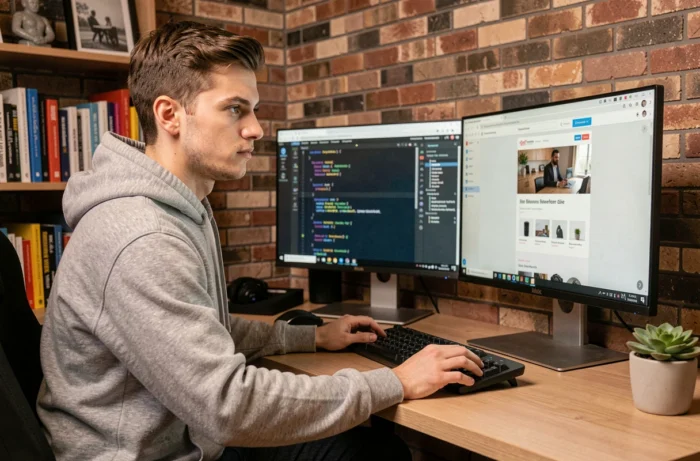 Développeur web d'une agence spécialisée travaillant sur la conception d'un site internet pour améliorer la visibilité en ligne d'une entreprise