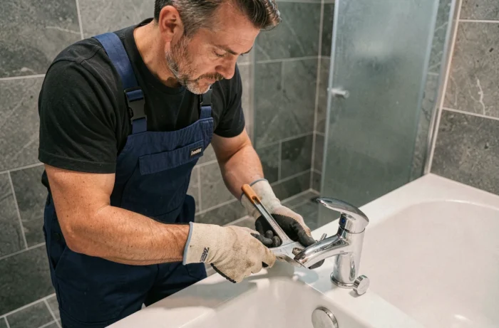 Homme dévissant un mitigeur de baignoire avec une clé réglable lors de travaux de plomberie