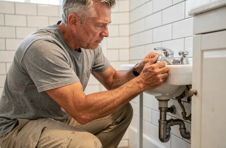 Plombier dévissant un mitigeur de lavabo dans le sens antihoraire sous un évier de salle de bain